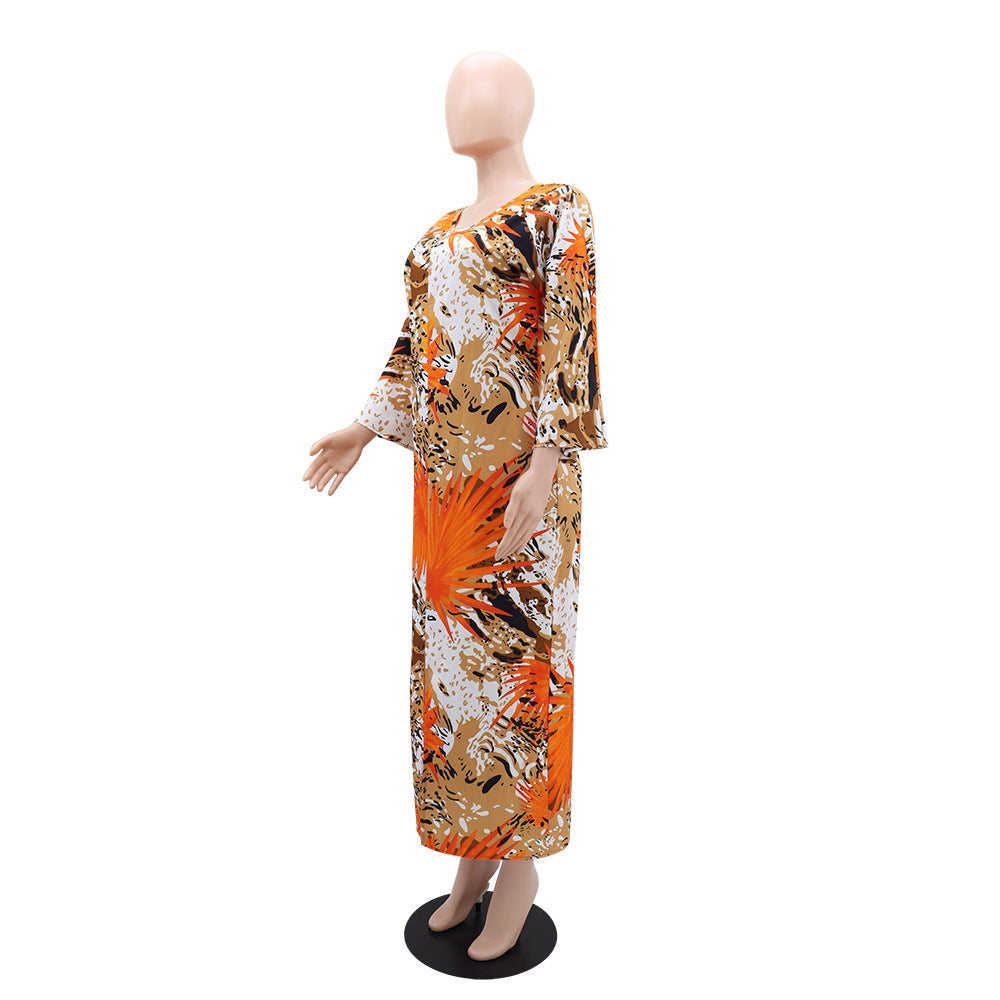 Fashion Print  V-Neck Long Sleeve Slit Casual Loose Long Dress 5