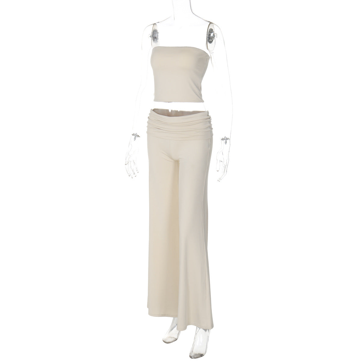 Women Fall Solid Strapless Top and Bell Bottom Long Pants Two-piece Set 8