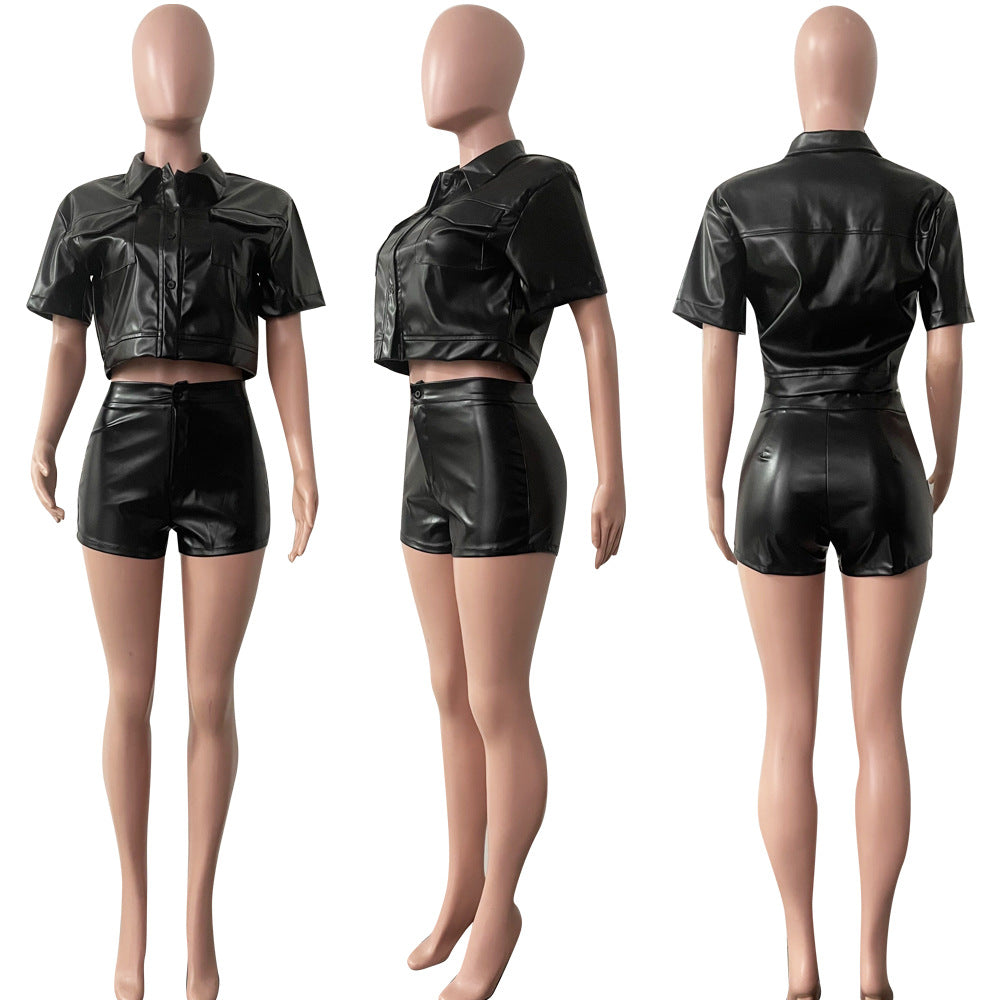 Women'S Summer Pu Leather Patchwork Button Tight Fitting Shirt Shorts Two-Piece Set 8