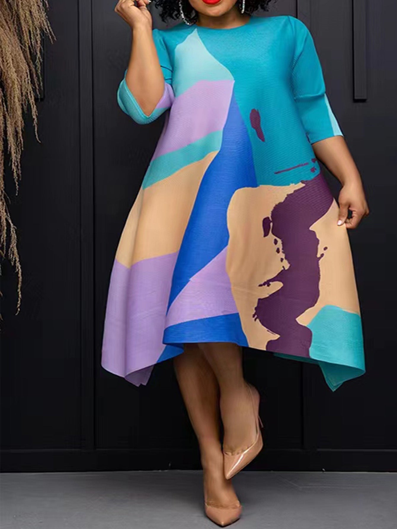 Plus Size Women Print cape dress 3
