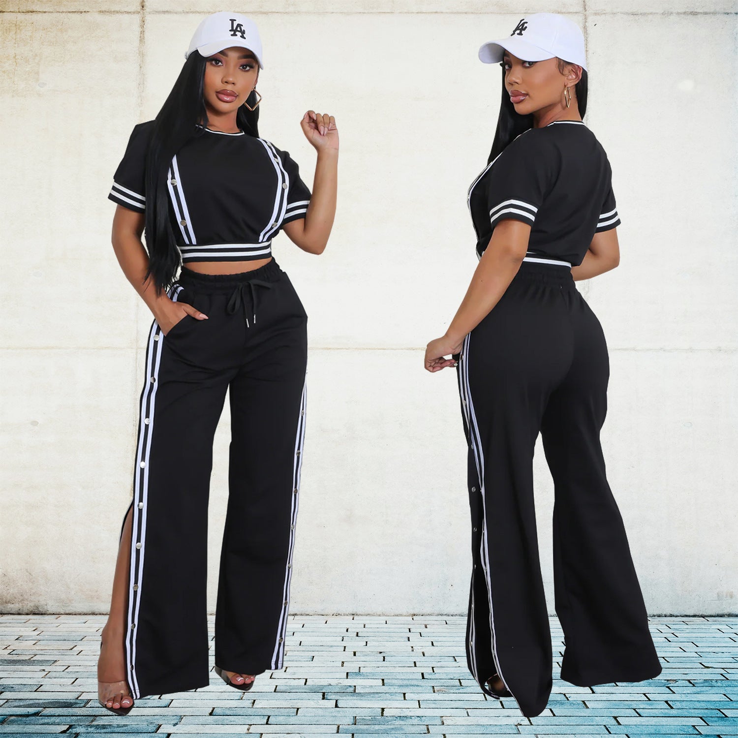 Spring Trendy Wide-Leg Loose Casual Trousers Short Sleeve Crop Top Two-Piece Set