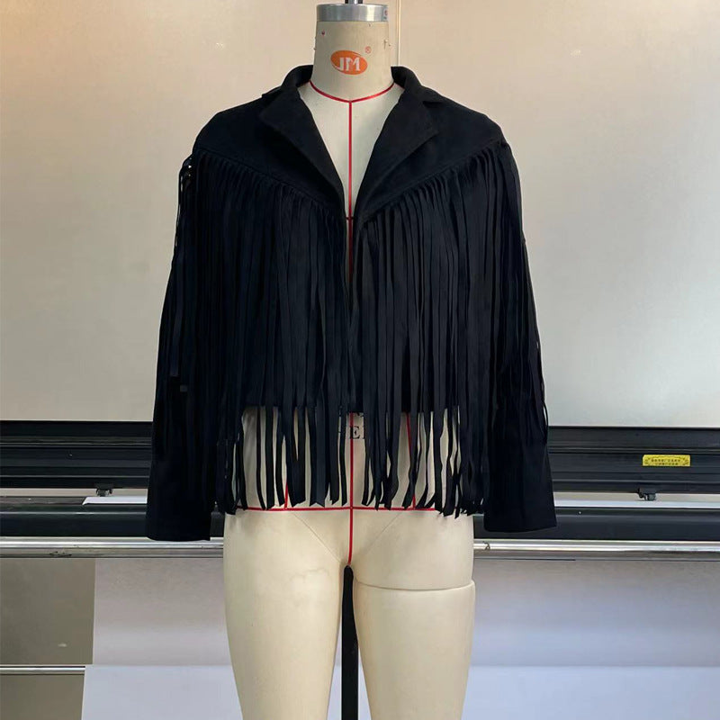 Women'S Autumn And Winter Turndown Collar Fringe Short Suede Leather Jacket 12