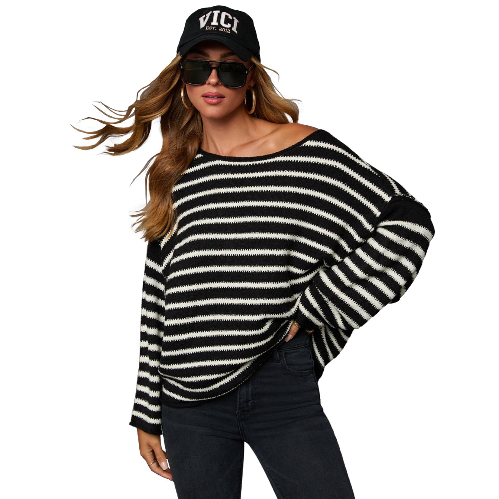 Women Striped Knitting Loose Bat Long Sleeve Sweater 8