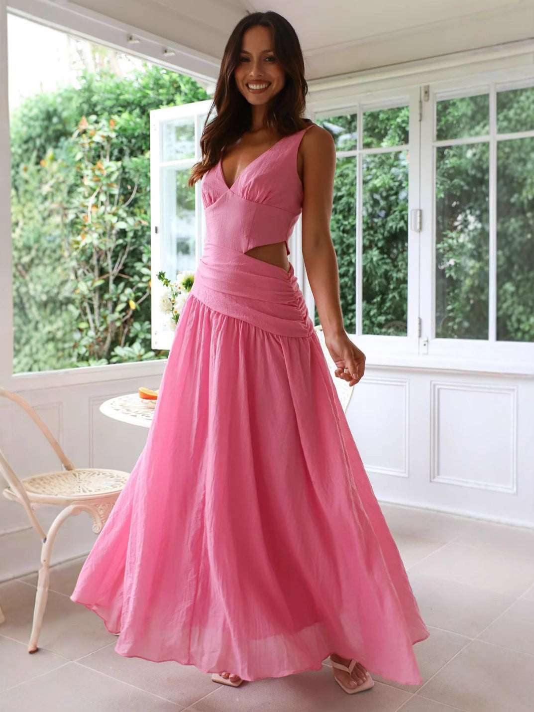 Women Summer Elegant Square Neck Striped Button-Drawstring Dress 3