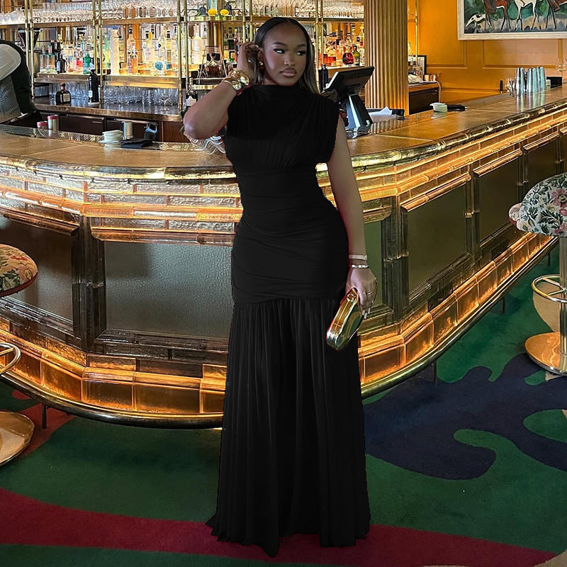 Women Solid Patchwork Sleeveless Turtleneck Pleated Bodycon Dress 3