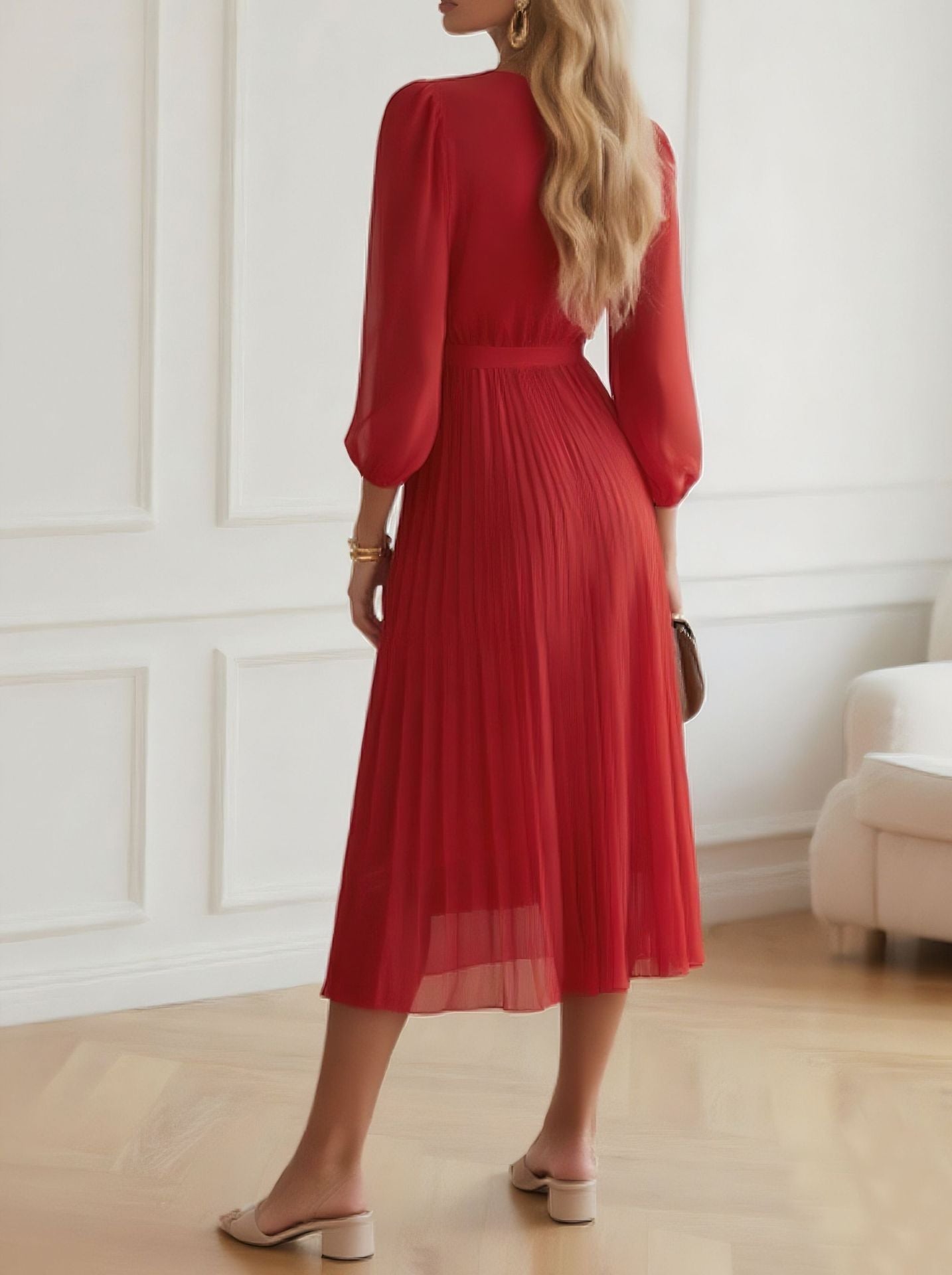 Women V-Neck Lace-Up Long-Sleeved Dress