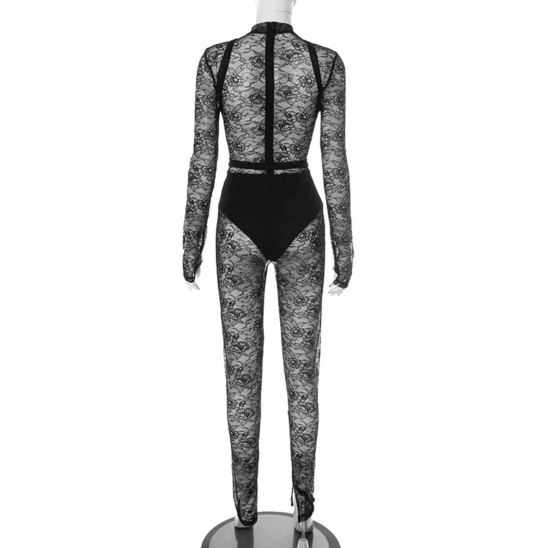 Women's Spring-Summer Lace See-Through Zipper Jumpsuit 11