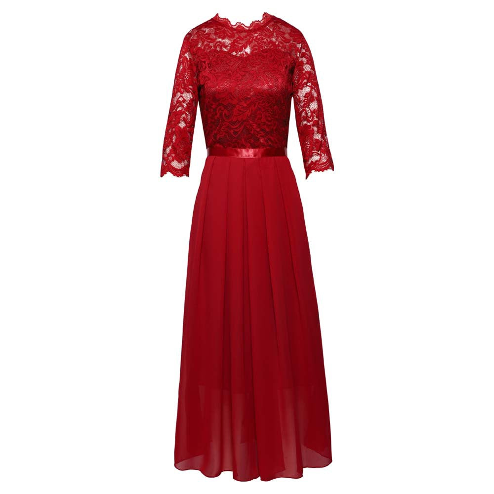Women Patchwork Chiffon Round Neck Lace Evening Gown 10