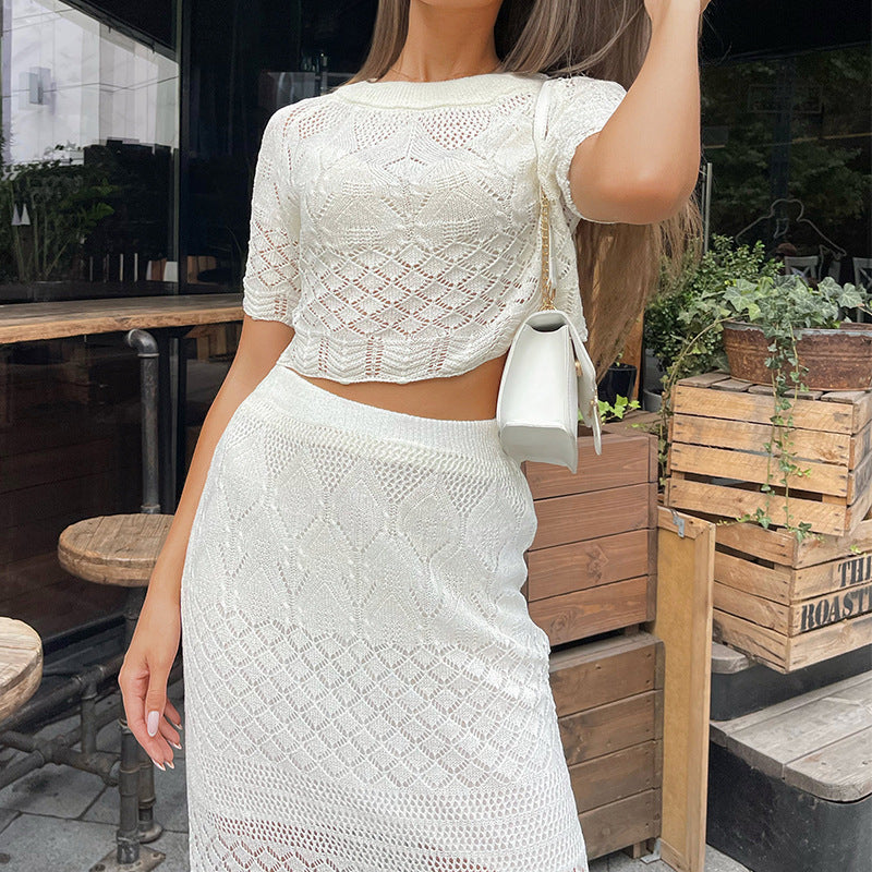 Knitting Crocheted Short-Sleeved Two-Piece Mid-Length Skirt Set 5