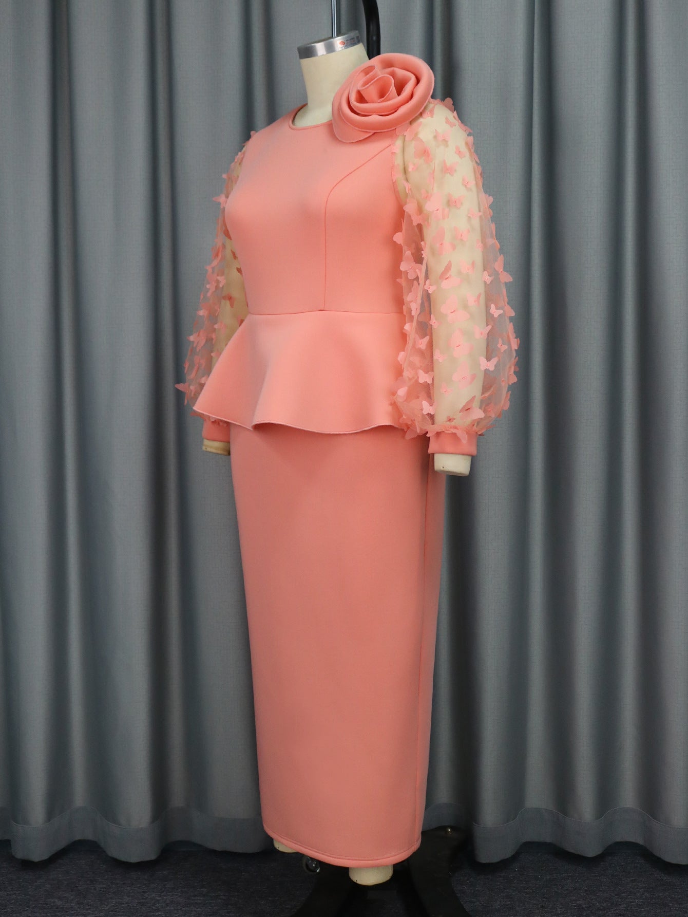 Women Formal Party Pink See-Through Sleeve Dress 4