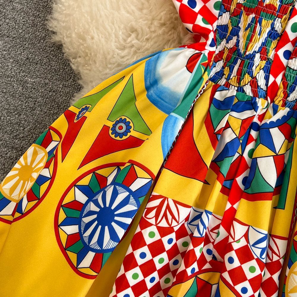 Women Vintage Baroque Strapless Beach Holidays Print Dress 15