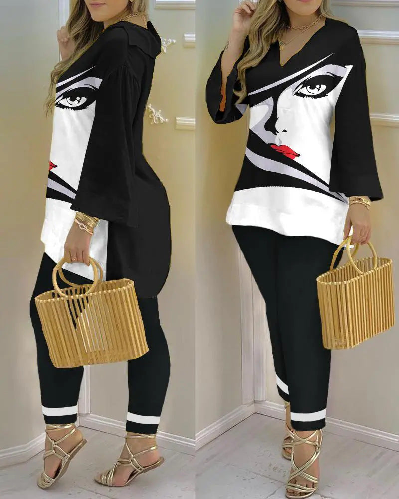 Spring Summer Print Fashion V-Neck Long Sleeve 2-Piece Pants Set 7