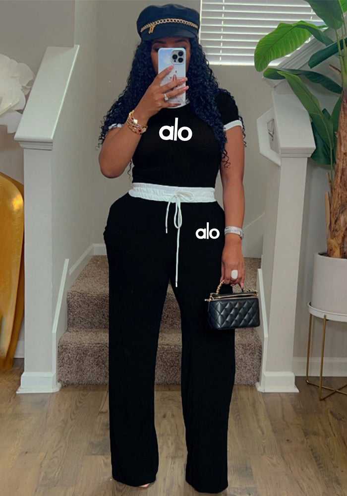 Women's Casual Street Rib Contrast Round Neck Short-Sleeve Two-Piece Pants Set