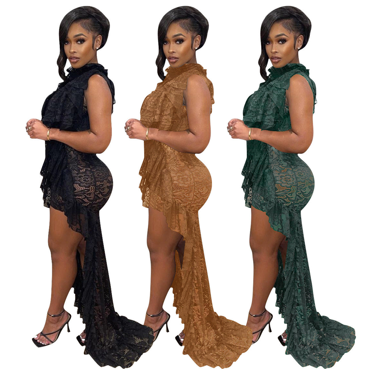 Women Sleeveless Lace Ruffled Collar Irregular Dress 5