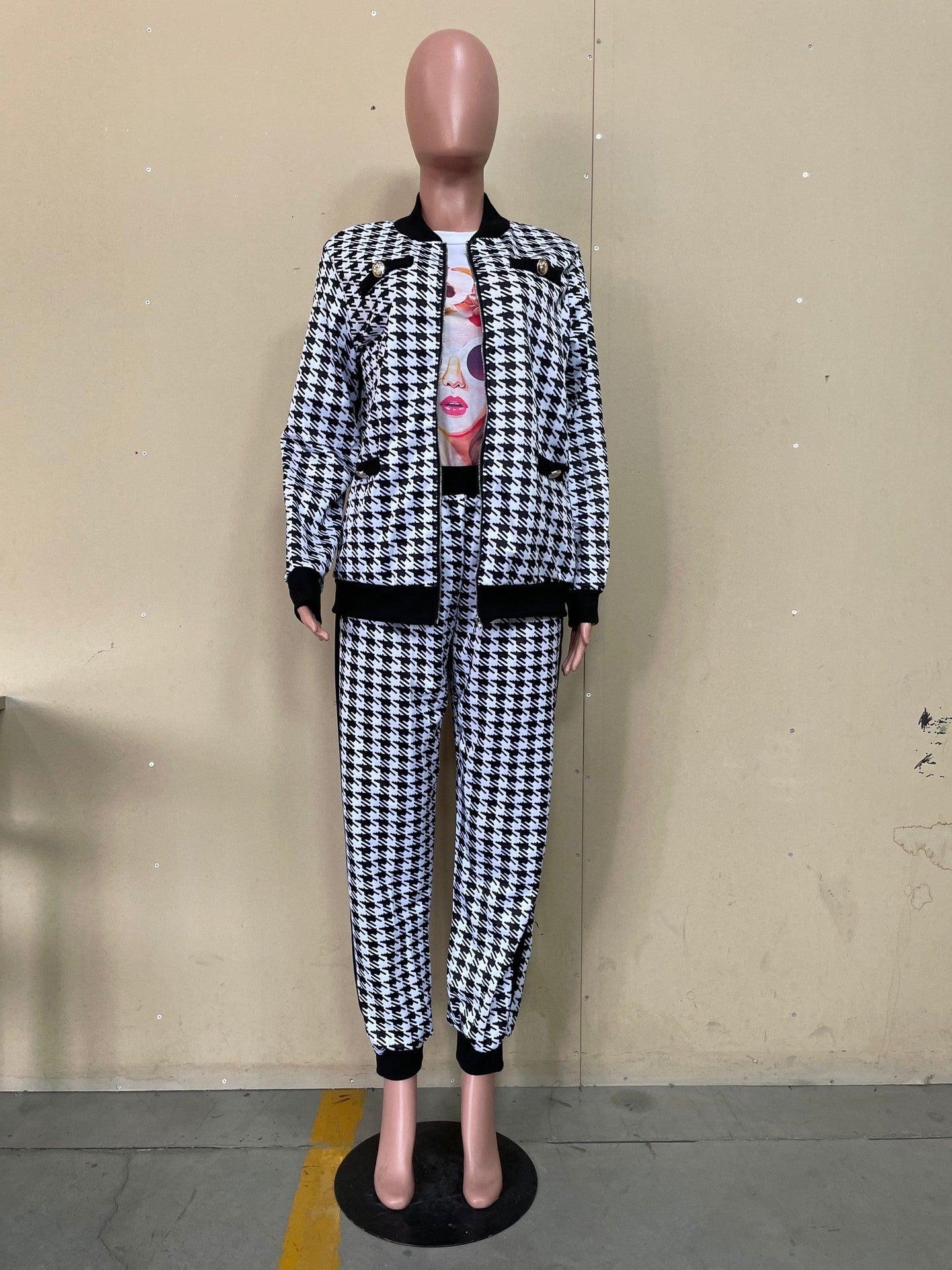 Women Casual long-sleeved Top and Pant houndstooth two-piece set 10