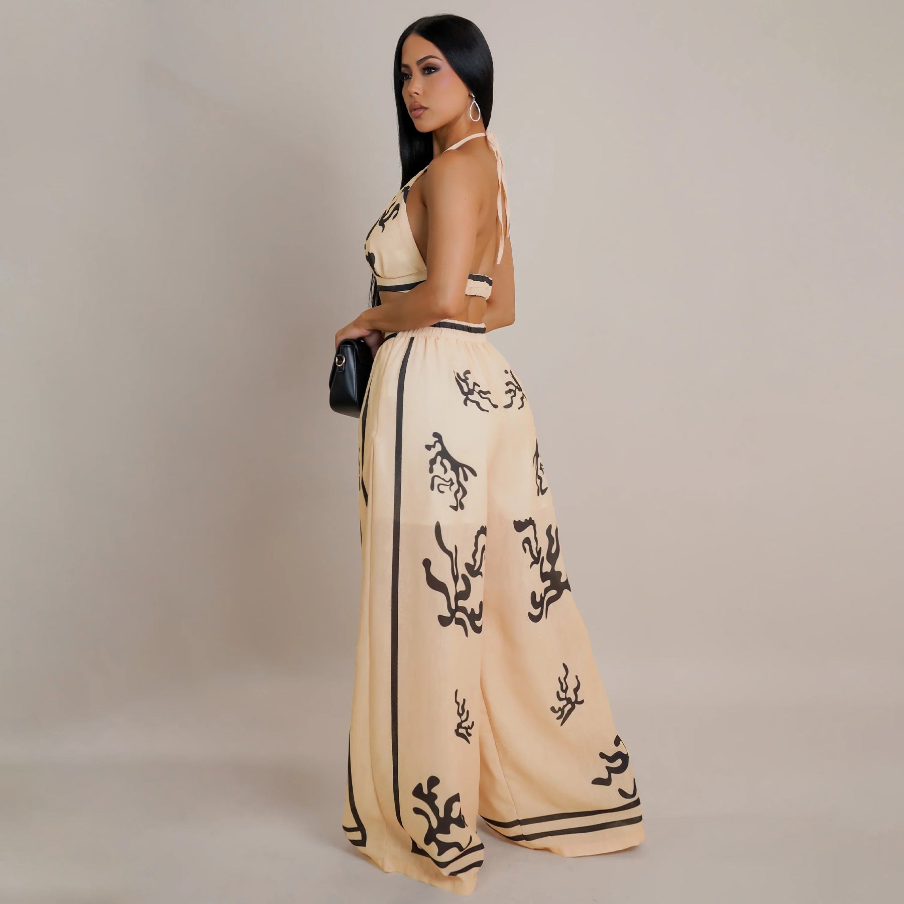 Summer Sexy Print Halter V Neck Vest Wide Leg Pants Two Piece Set 30