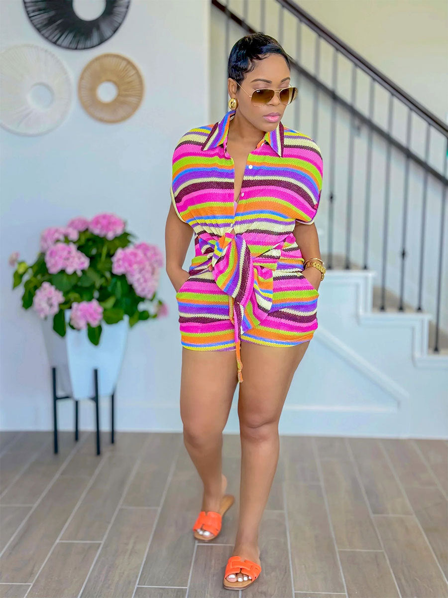 Fashion Casual Summer Striped Women Two-Piece Shorts Set 4
