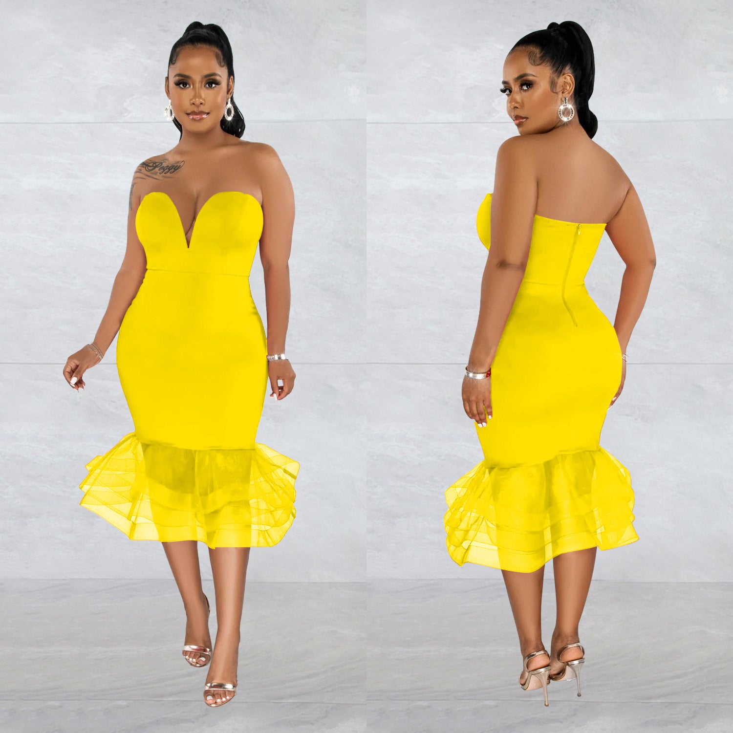 Women's Solid Color Sexy Strapless See-Through Mesh Bodycon Dress 4