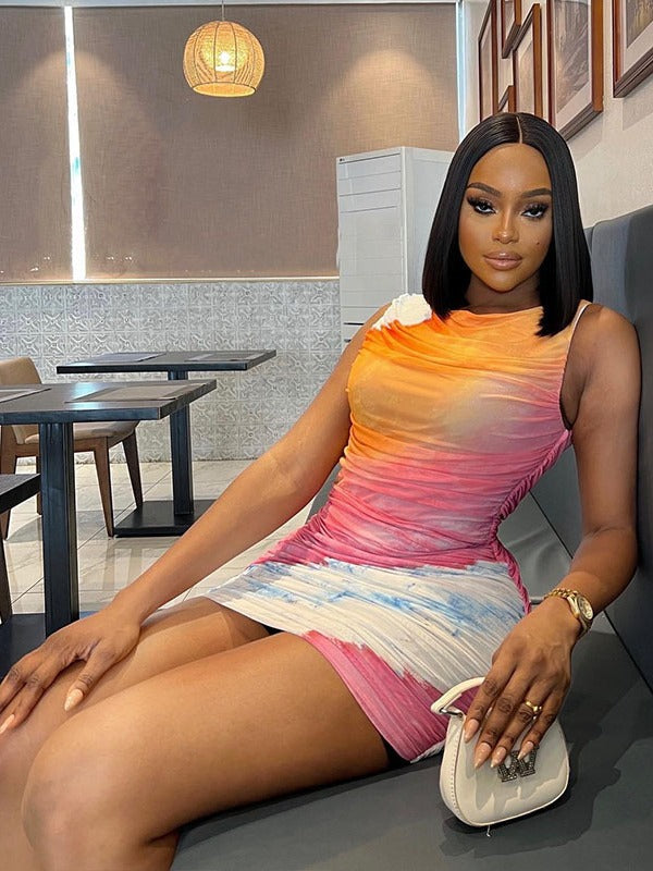 Fashion Printed Round Neck Sleeveless Mesh Patchwork Bodycon Casual Trendy Women's Dress