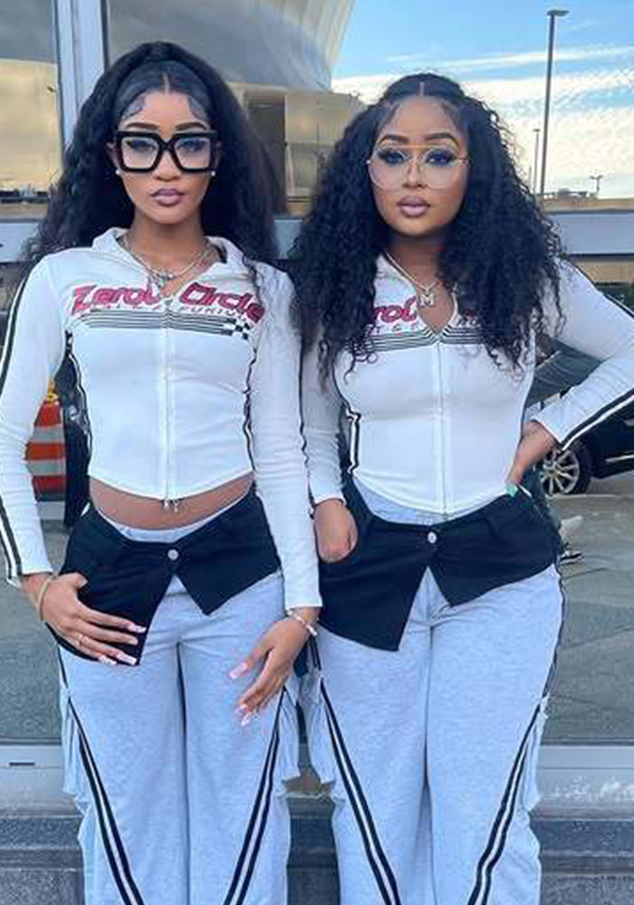 Women Autumn and Winter Retro American Letter Print Contrast Zipper Top