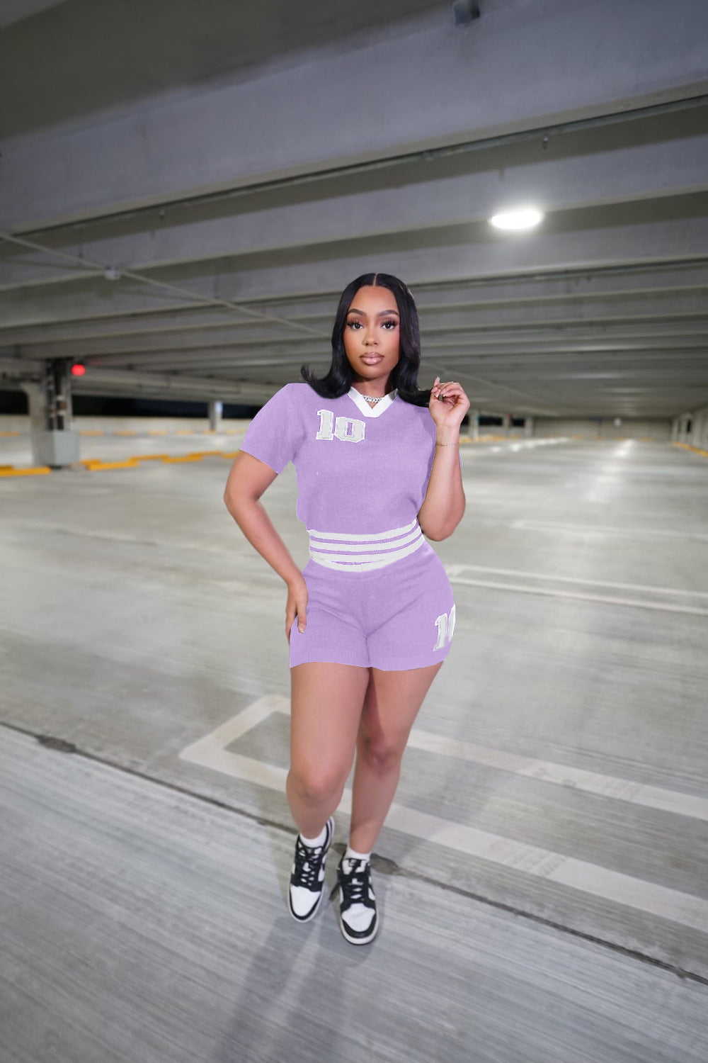 Fashionable Summer Turndown Collar Contrast Knit Top Shorts Set 4