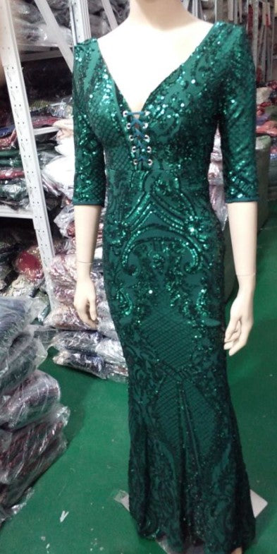 Deep V Sexy Fishtail Sequin Female Formal Party Mermaid Evening Dress 13