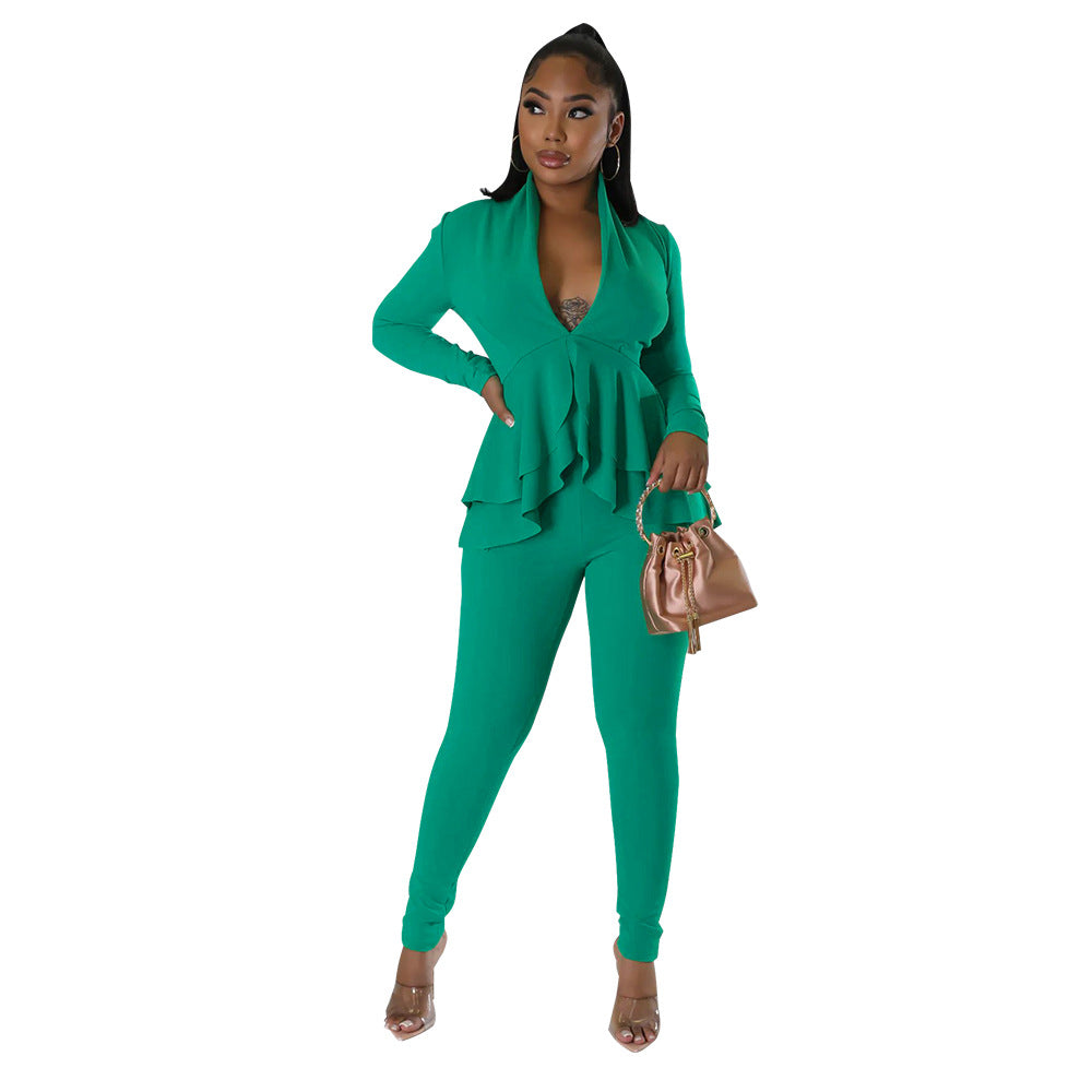 Women'S Autumn Solid Ruffle Deep V Neck Long Sleeve Top Pencil Pants Two Piece Set 3