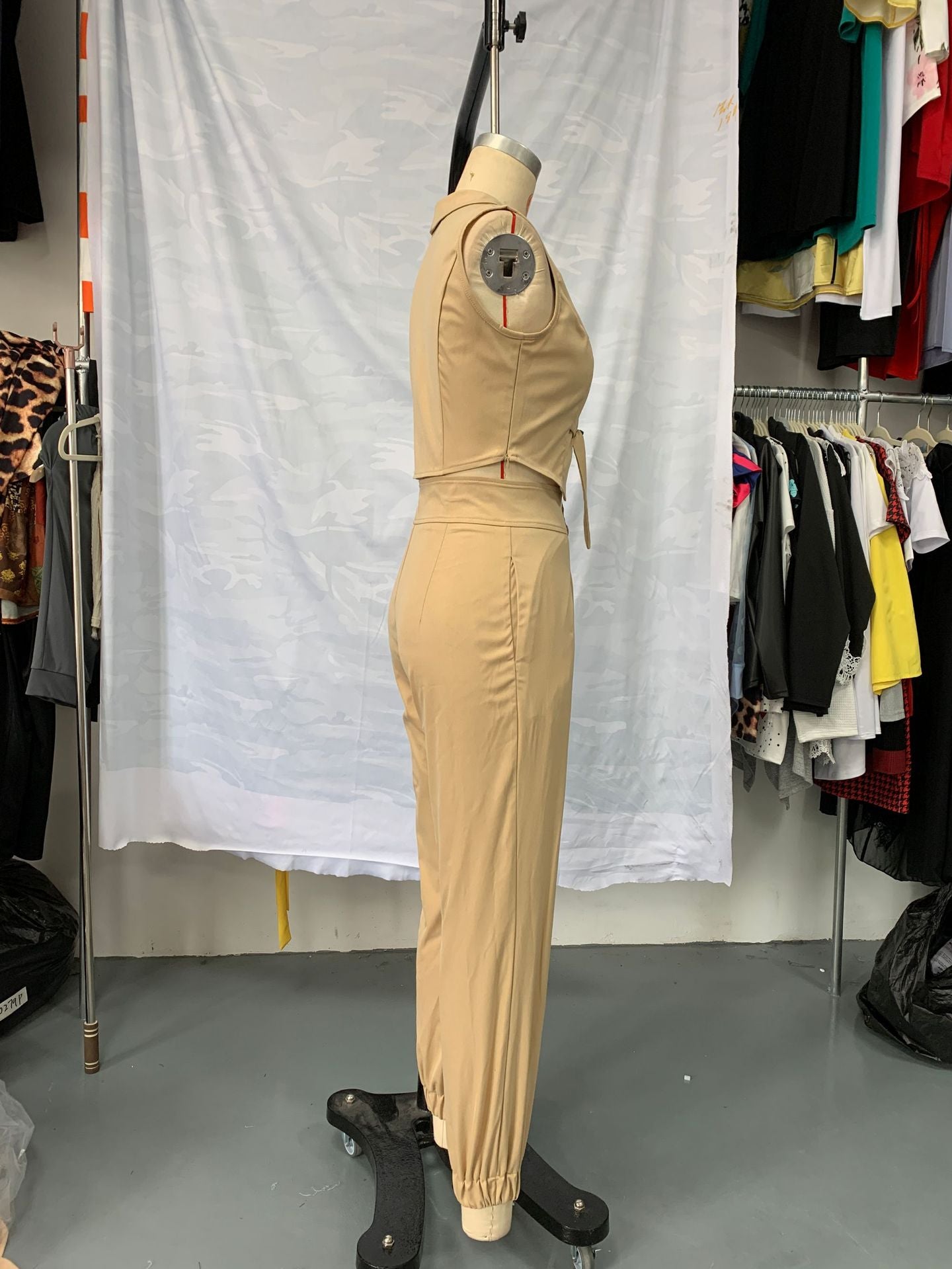 Sleeveless Khaki Turndown Collar Sleeveless Short Vest Trousers Two Piece Set 7