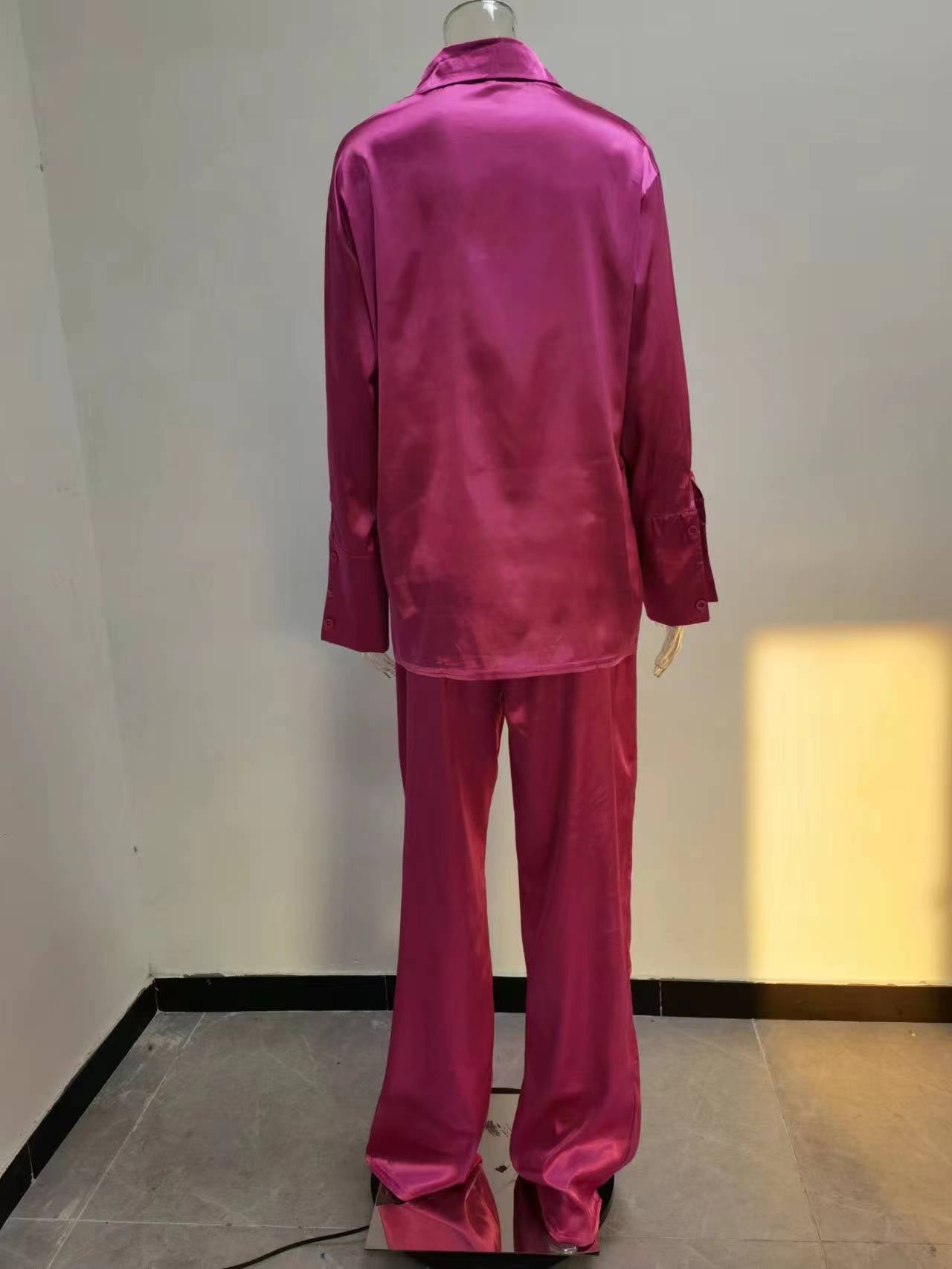 Solid Color Satin Long Sleeve Casual Two Piece Pants Set Trendy Lounge Wear 35