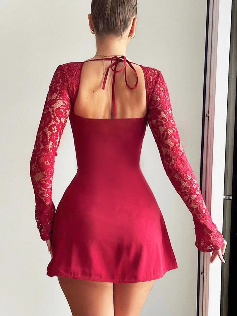 Summer Women Lace Long Sleeve Sexy Backless Plunging Bodycon Dress 3