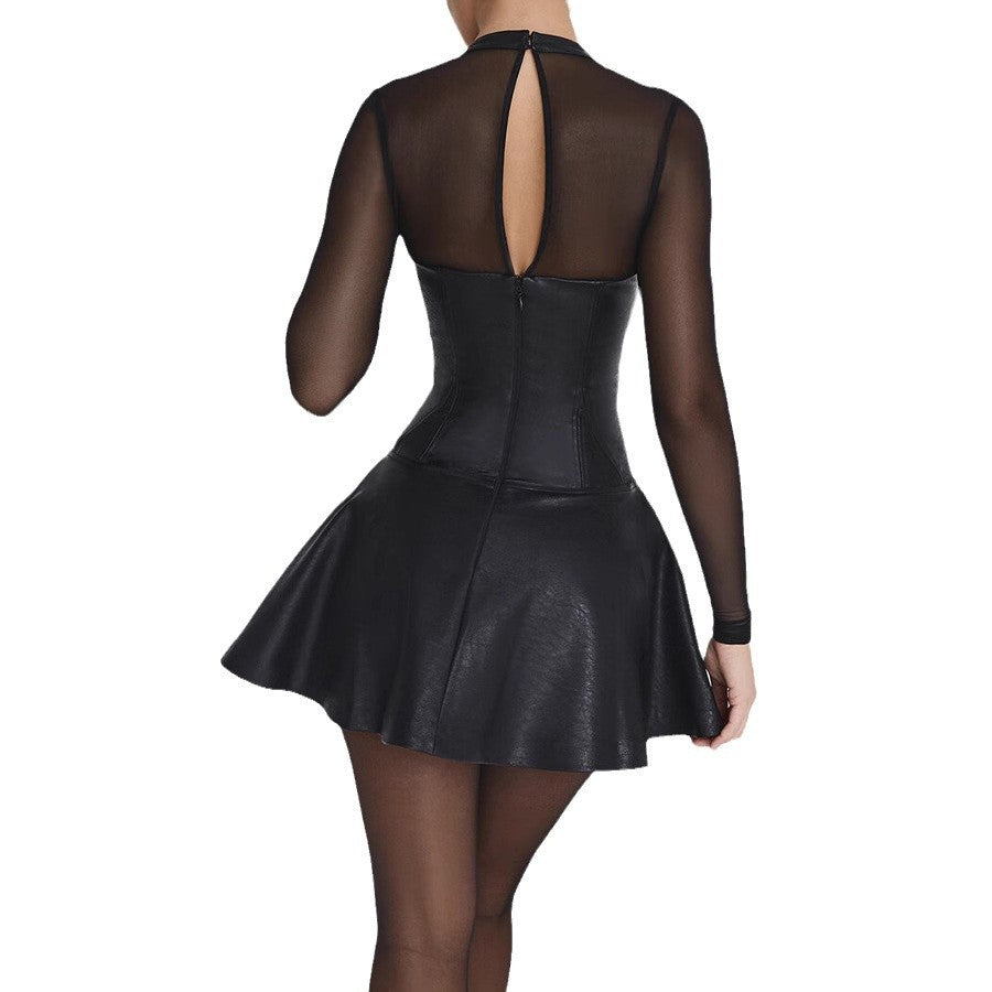 Spring Summer Long-Sleeved Mesh Patchwork Casual A-Line Dress 6