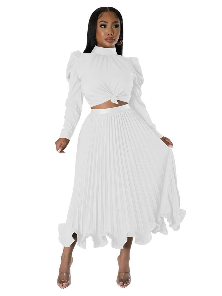Women's Winter Puff Sleeve Top Ruffled Pleated Skirt Two-Piece Suit 10