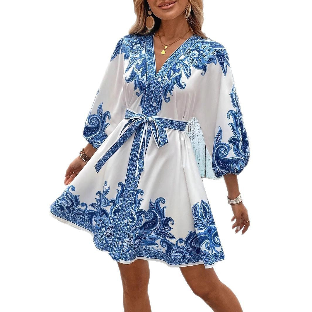 Women Summer Half-Sleeve Lace-Up Dress 8