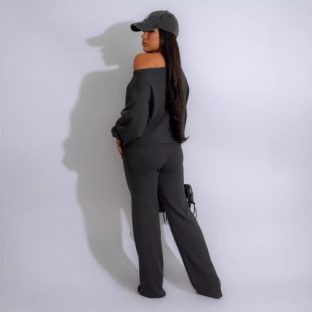 Women Autumn Solid Casual Loose strapless Top and Pant Set 6