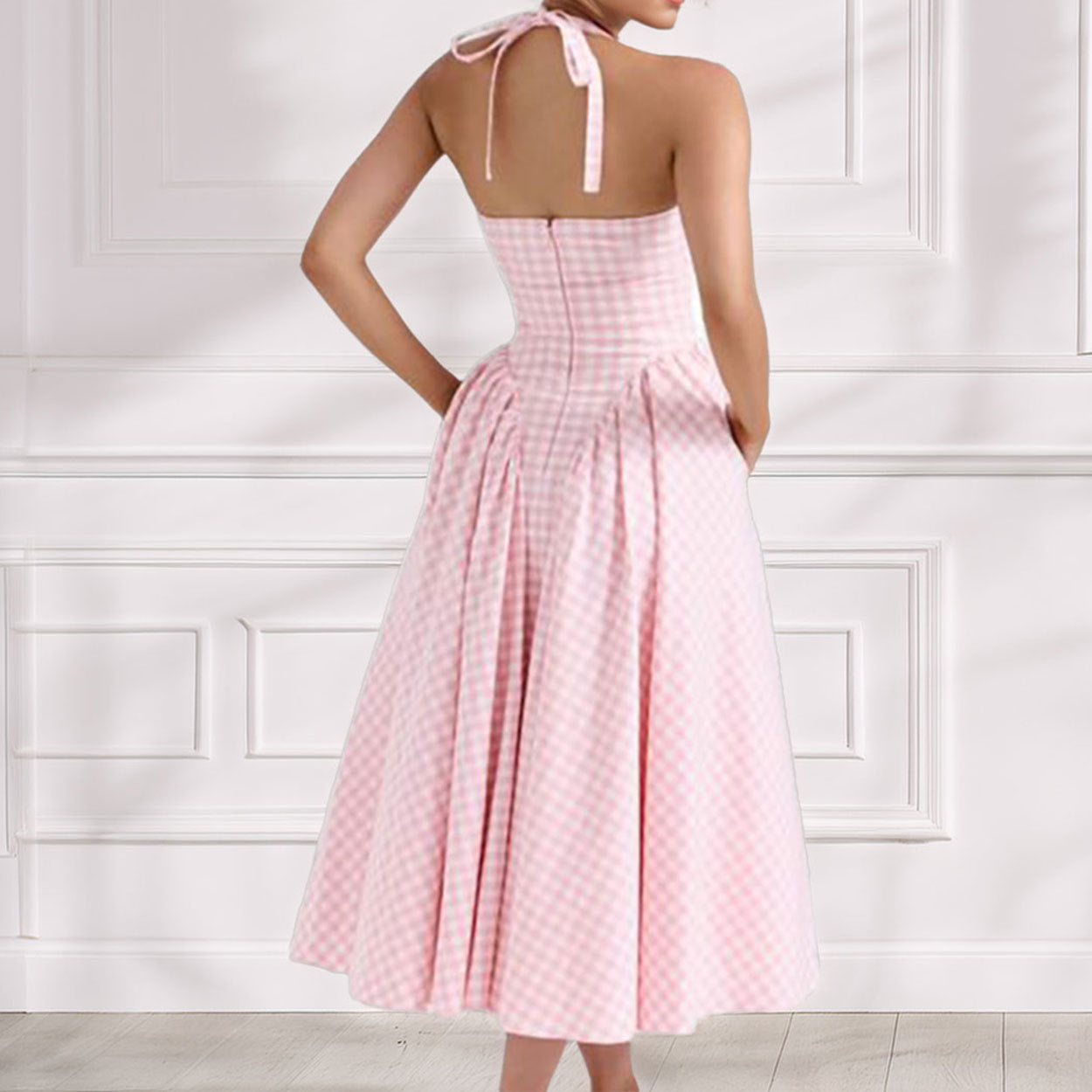 Women Spring Elegant Halter Neck V Neck Pleated French Dress 7