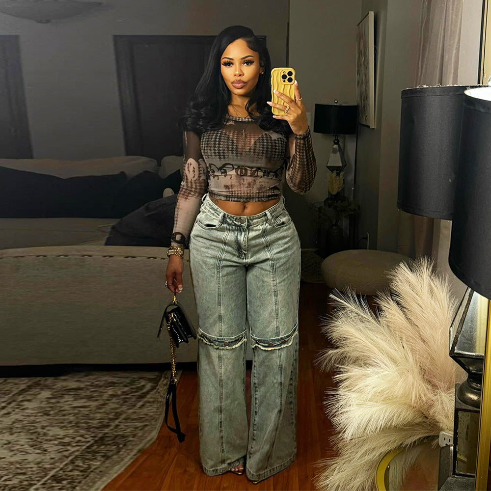 Women Summer Washed Tassel Button Straight Denim Pants