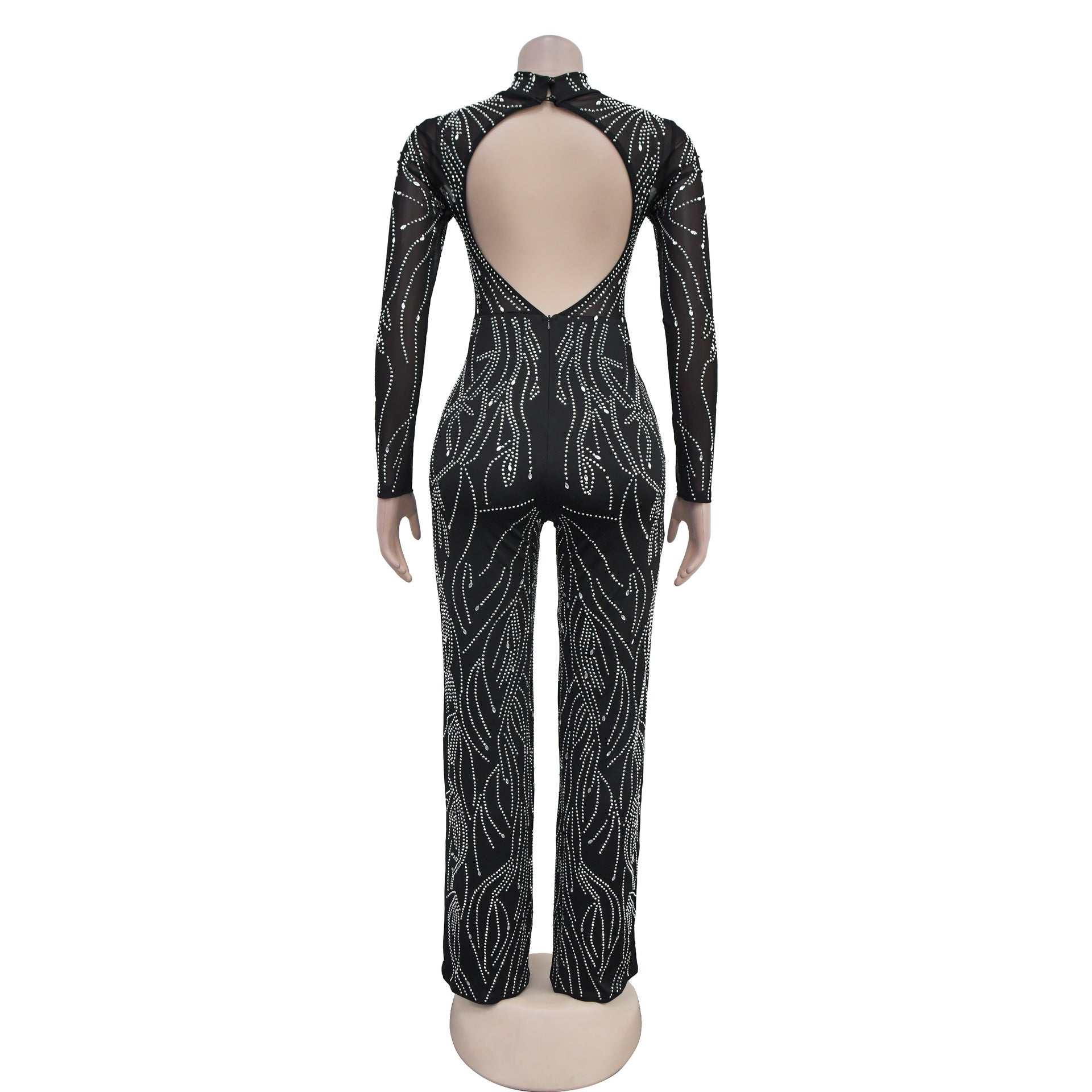 Fashion Women's Low Back Beaded Long Sleeve Club Jumpsuit（customized,MOQ 6pcs/size/color,process time 7-10 days） 6