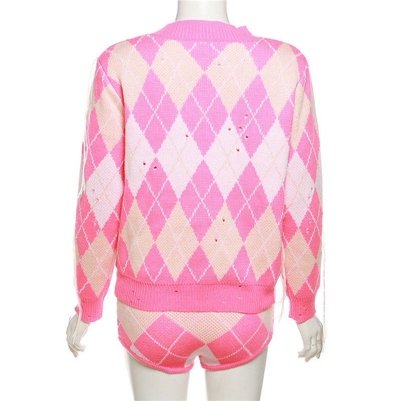 Autumn Women's Fashion Contrast Color Tassel Jacket High Waist Slim Shorts Two Piece Set For Women 13