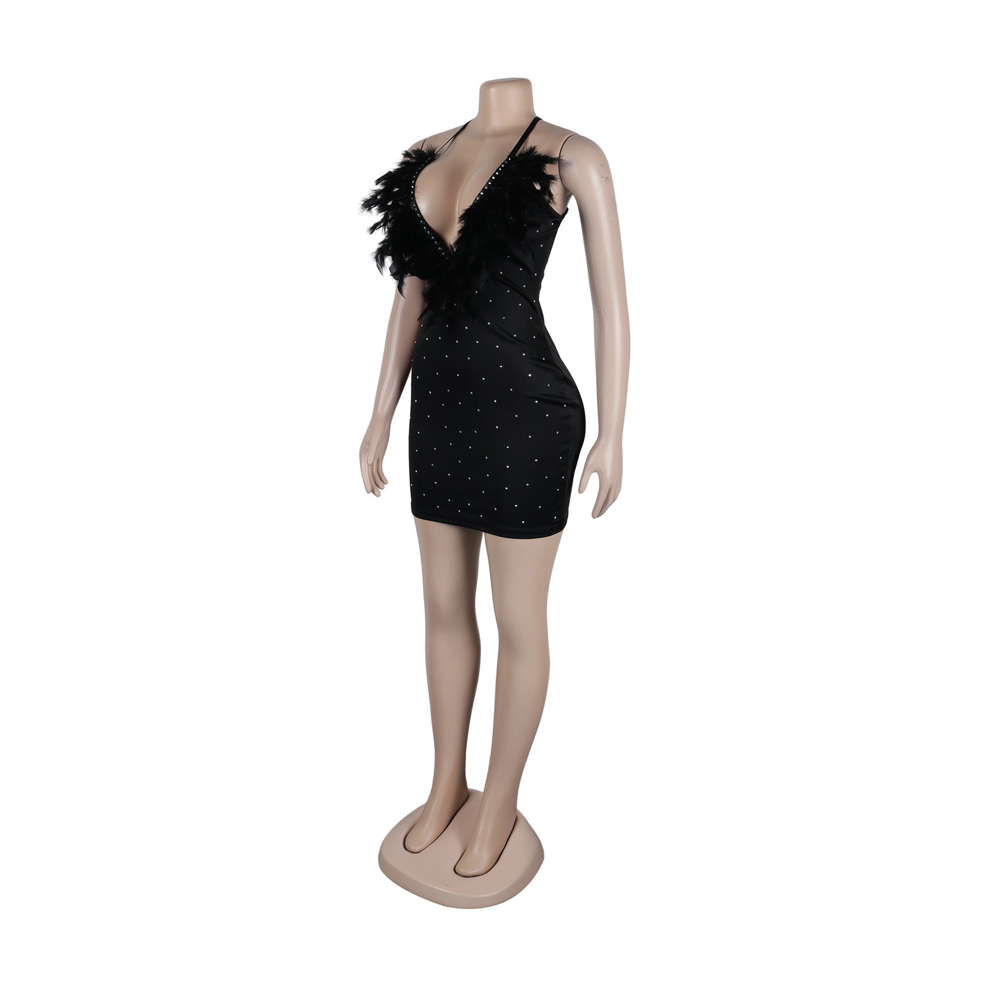 Women Sexy Beaded Feather V-Neck Backless Bodycon Dress 14
