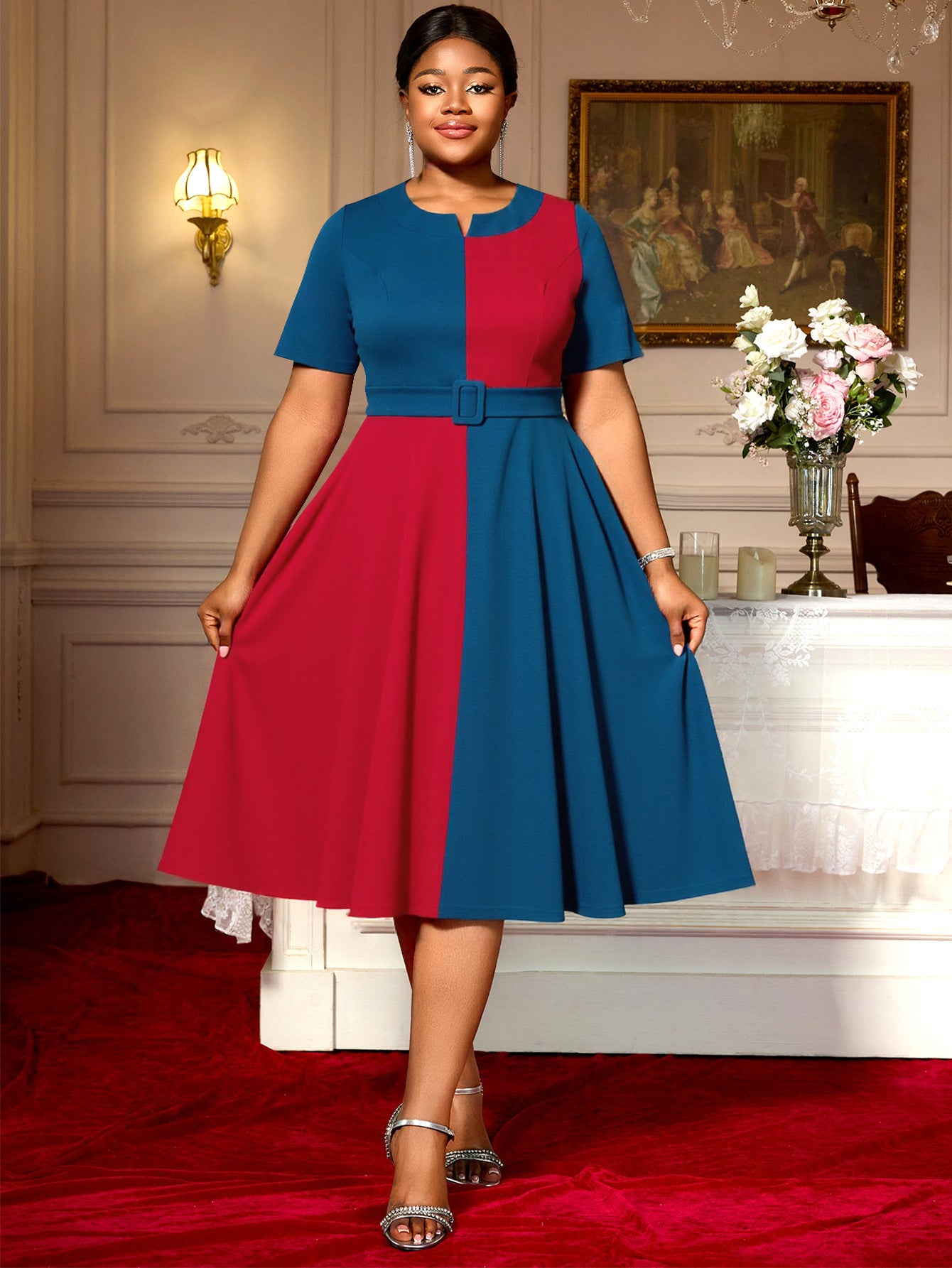 Plus-Size Women Contrast Short-Sleeved Round Neck Belt Elegant Party Dress 4