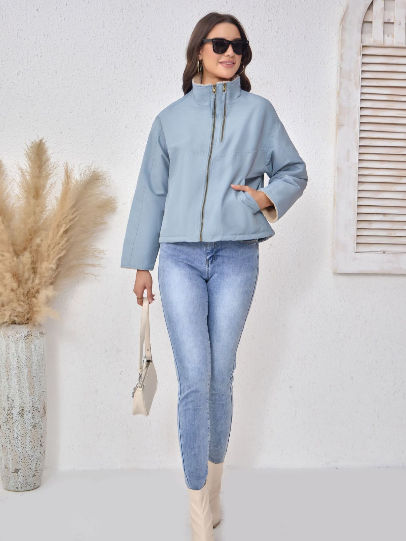 Stand Collar Fleece Women's Coat Winter Trendy Loose Jacket Short Outerwear 7