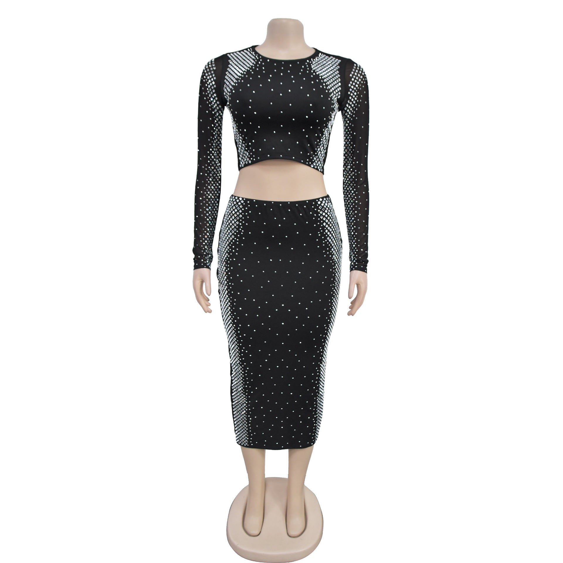 Beaded Long Sleeve Slim Two Piece Skirt Set（customized,MOQ 6pcs/size/color,process time 7-10 days） 12