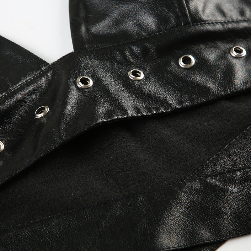 Punk Sexy Leather V-Neck Strap Vest Top Hollow Pin Buckle Adjustable Skirt Set 19