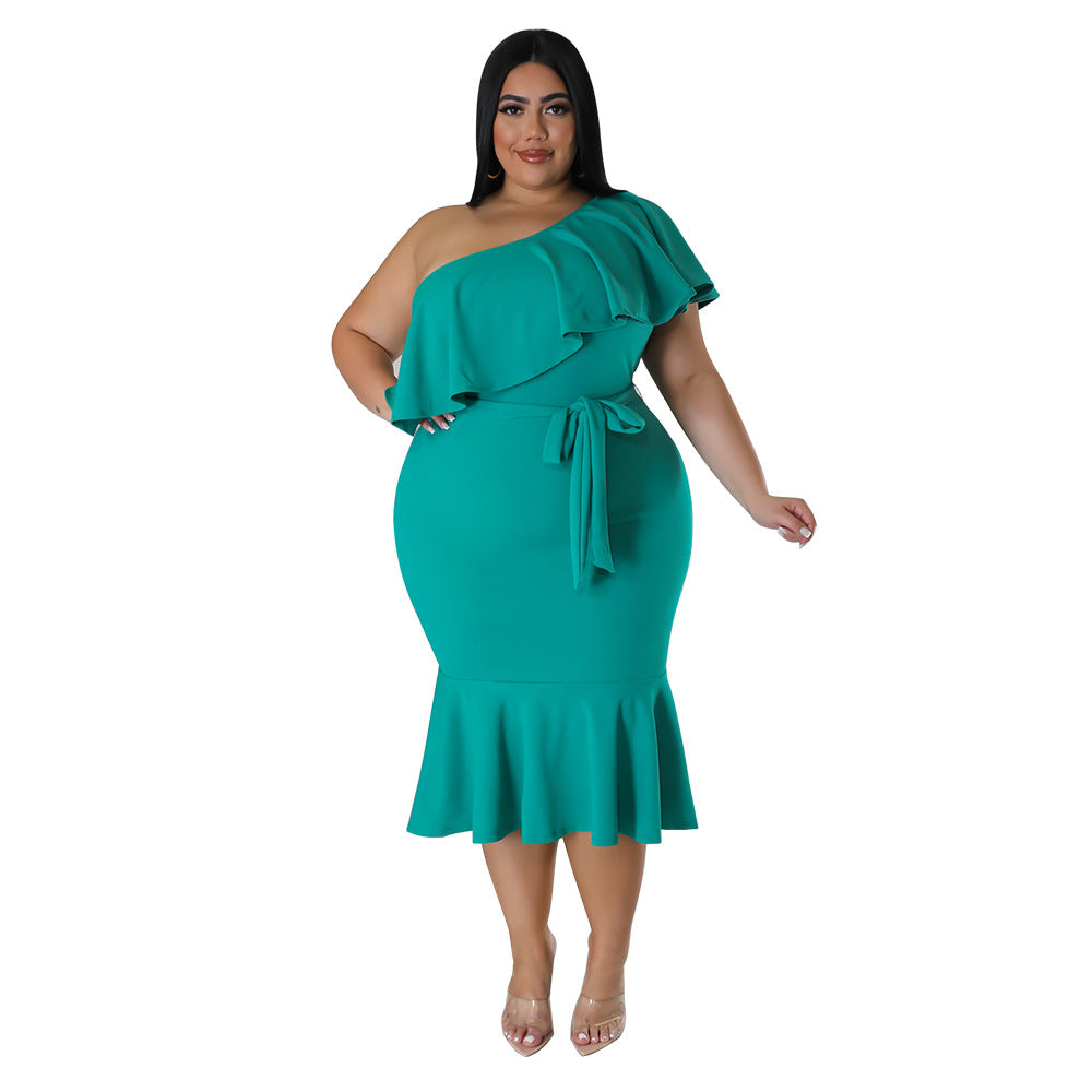 Plus Size Women'S Fashion Fit Casual Ruffle One Shoulder Midi Dress 13