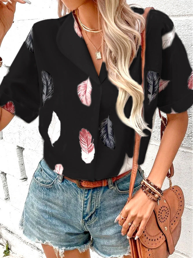 Spring And Summer Women's Turndown Collar Feather Print Shirt 14
