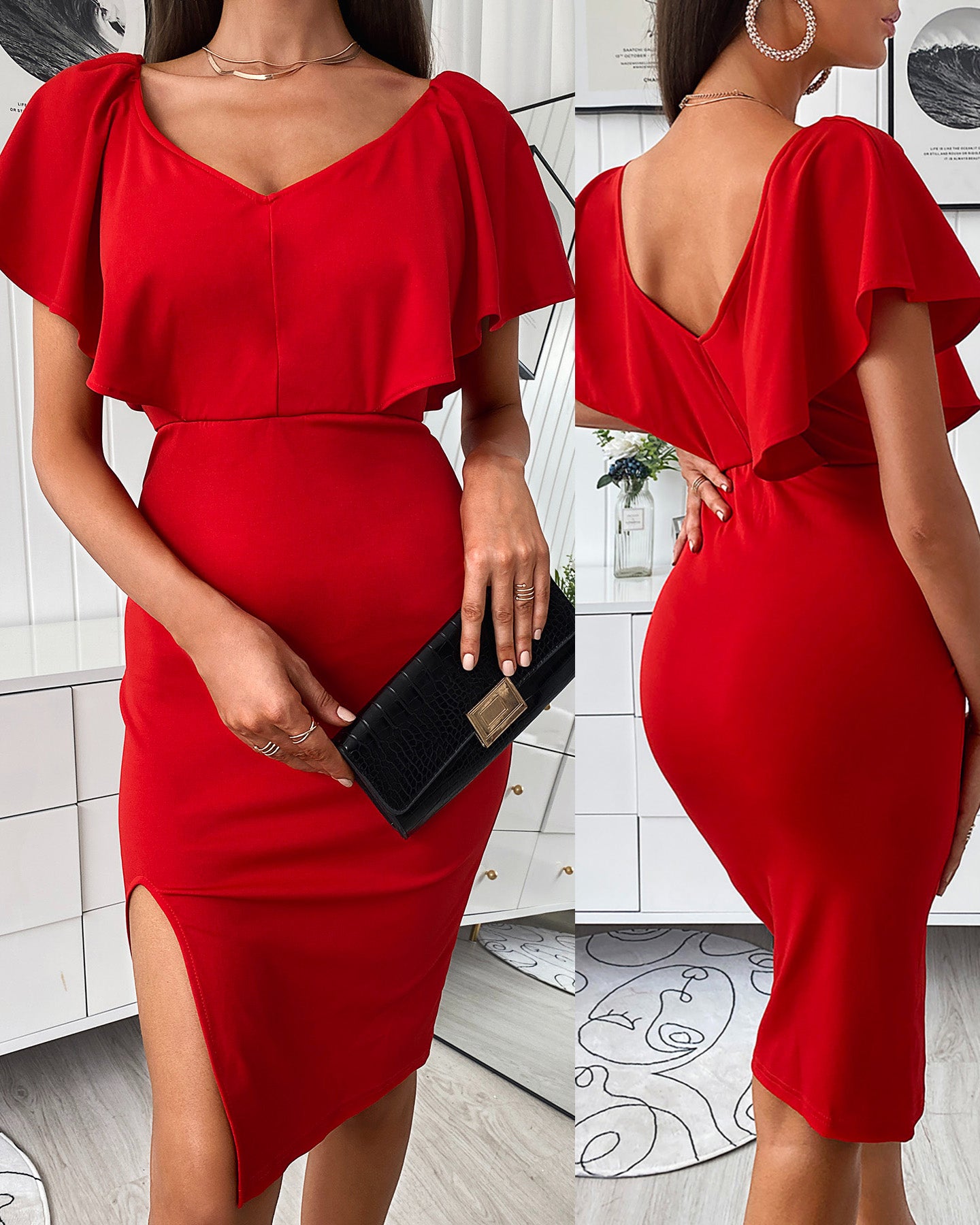 Women Red V-neck Slit Dress