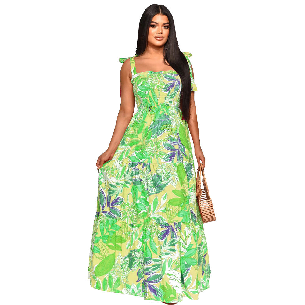 Women Off Shoulder Sleeveless Tie Print Beach Dress 8