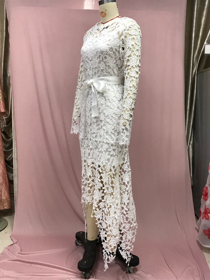 Women Lace Hollow Long Sleeve Stand Collar Lace Irregular Dress 9