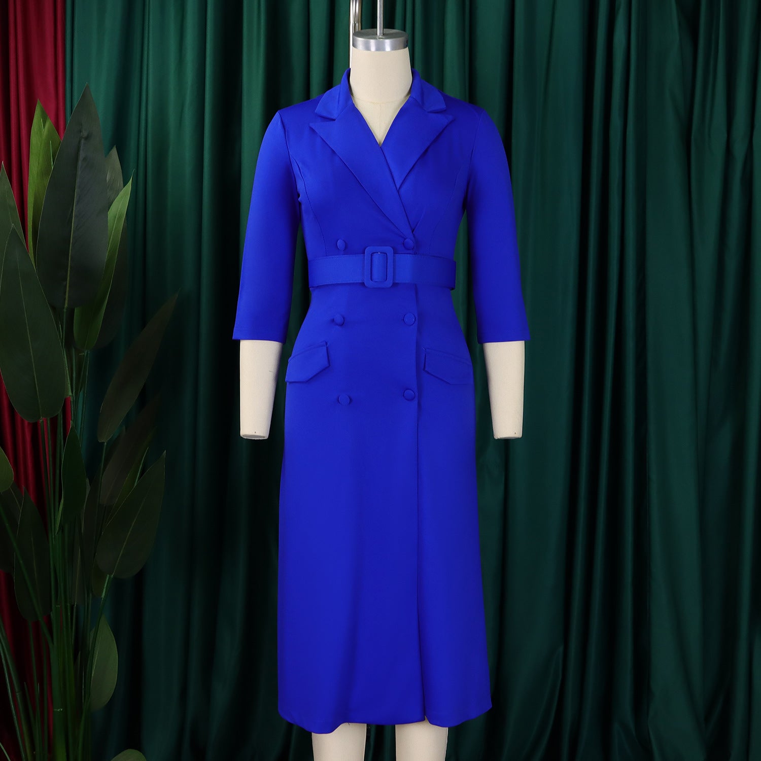 Women's Fashion Chic Double Breasted Turndown Collar Solid Color Career Dress 8