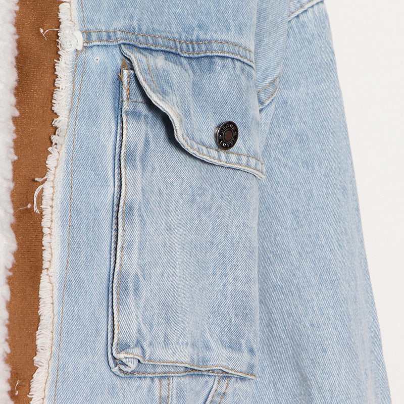 Women Denim Lamb Wool Autumn and Winter Patchwork Style Single Breasted Crop Jacket 14